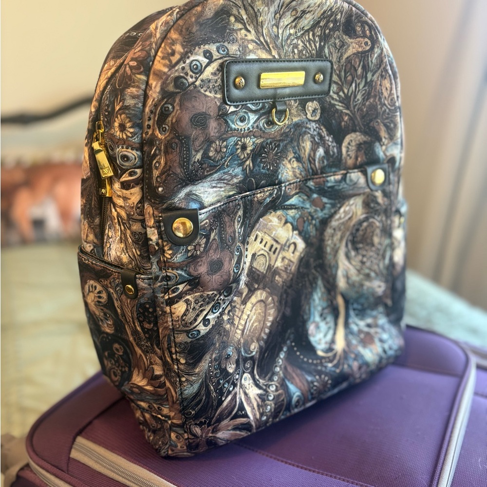 Adrienne Vittadini Paintbrush Peacock Patterned Backpack with Gold Accents